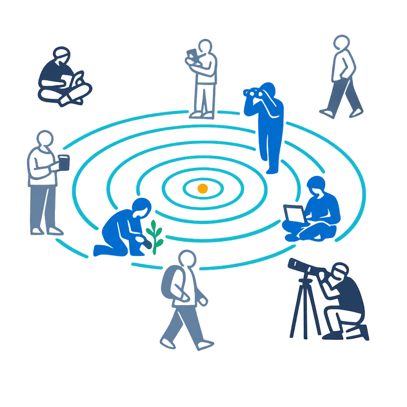 Ilustração: ondas se espalham e alcançam pessoas, representando a descoberta de um negócio que ainda não conheciam.